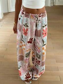 Aloruh 女士秋季花卉印花系腰阔腿裤，度假装夏季海滩度假装 - 彩色 - 查看 6