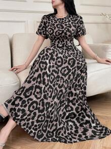 Modelyn 女士豹纹长裙，夏季时尚 - 杏色 - 查看 2