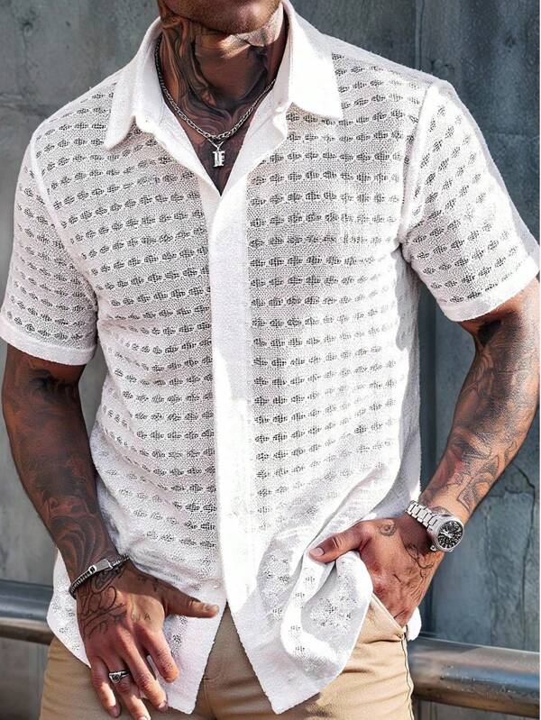 Manfinity CasualCool Shirts For Men,White Knitted Jacquard Casual Holiday Short Sleeve Shirt Men Mesh Shirt Men Crochet Shirt,Shirts For Men,Men's Solid Color Shirt, Men White Casual Solid Color Textured Cuban Collar Short-Sleeved Button Cardigan Shirt,Pleated Fine Striped Shirt,For Going Out,Versatile Items For Daily Commuting, Travel, Vacation And Outings,Husband  And Boyfriend Gifts For Friends,Casual And Simple Style, Urban Mature Style, British Gentleman Style