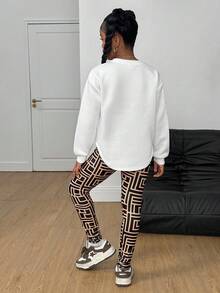 SHEIN Tween Girls' Casual Graphic Print Knit Crew Neck Long Sleeve Hoodie Sweatshirt And Geometric Pattern Leggings 2-Piece Set Tween Outfits Baddie Outfits For Tweens Girls Outfits 12 Year Old Outfits Teen Girl Outfits - Multicolor - View 2