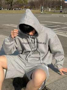 DAZY Men's Letter Print Hoodie Sweatshirt Set, Casual For Spring & Autumn - Grey - View 4