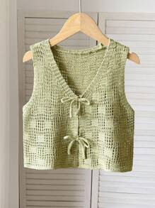 SHEIN Tween Girl Casual Versatile Knit Geometric Jacquard Bow Decor Short Sleeve Cardigan, Lime Green, Suitable For All Seasons, Girls Green Crop Top, Tween Girls Crop Vest, Crochet Crop Top, Green Knit Vest, Girls Tie Front Vest,In Fall/Winter