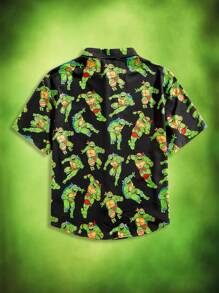 TEENAGE MUTANT NINJA TURTLES | SHEIN Plus Size Men's Cartoon Turtle Pattern Front Button Short Sleeve Shirt - Black - View 2