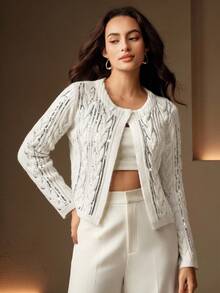 Anewsta Women's Long Sleeve Sequin & Silver Thread Embroidered Knit Cardigan - White - View 5