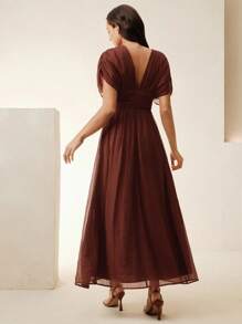 Anewsta Vestido con cuello en V, hombros drapeados, mangas y cintura definida, atuendo de vacaciones y playa, para primavera y verano - Óxido marrón - Ver 2