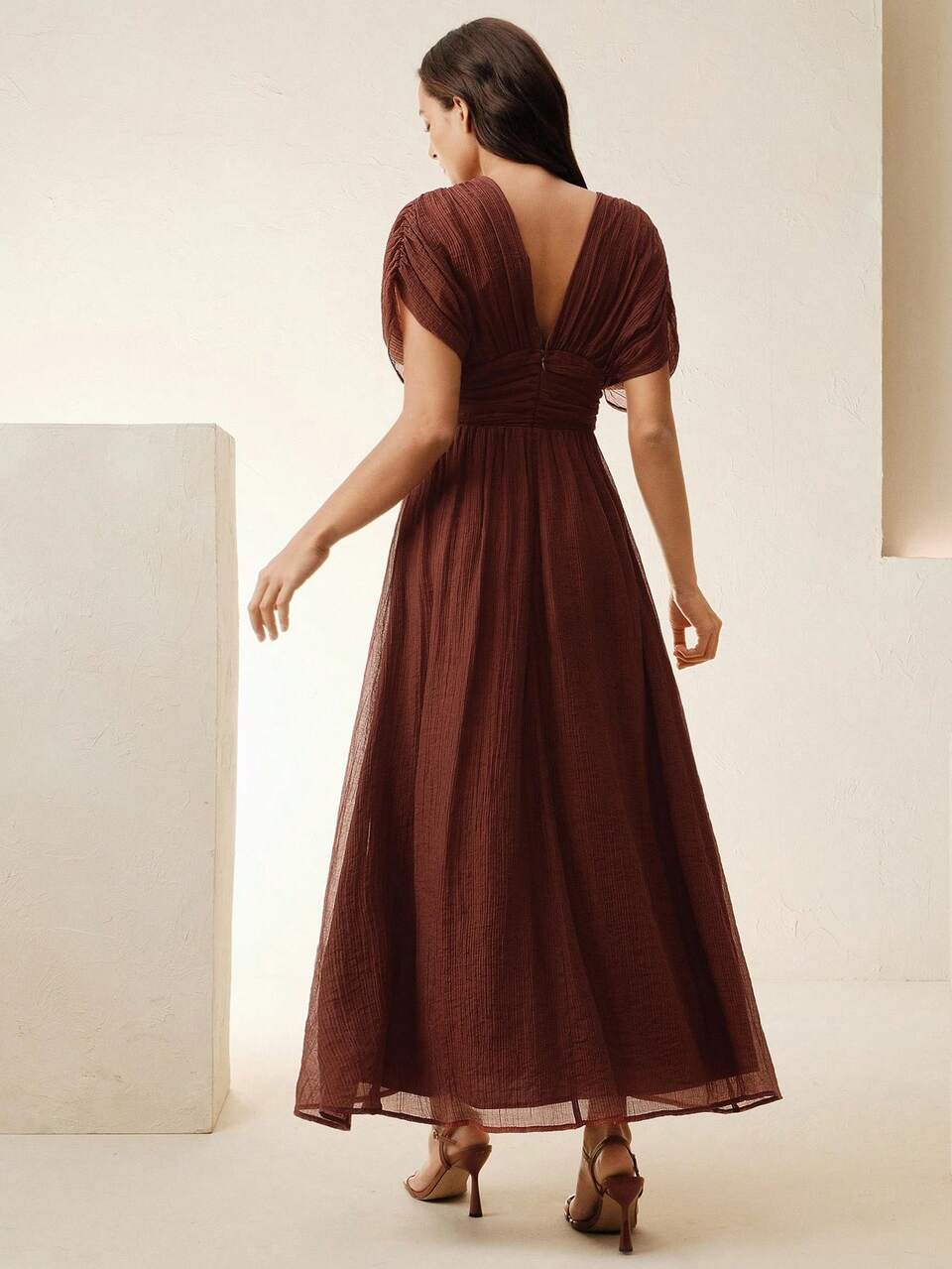 Women's V-Neck Ruched Shoulder Sleeve Waist Defined Dress, Vacation Beach Outfits, Spring/Summer