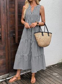EMERY ROSE Women's Regular V-Neck Sleeveless Midi Dress With Decorative Button Placket,Dresses For Women Elegant,Teacher Outfits For Women,Country Concert Outfit,Office Outfits For Women,Back To School Clothes,Casual Dresses For Woman,Vacation Dress,Airport Outfit For Women,Old Money Style Women Gingham Dress Checkered Dress Casual Midi Dress Picnic Dress Black And White Gingham Dress Tiered Gingham Dress