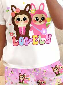 SHEIN 青少年女孩休闲可爱卡通印花圆领短袖短裤睡衣，适合夏季 - 彩色 - 查看 4