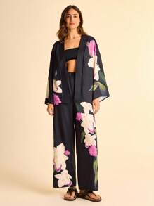 CAJUNI 2 件女式花卉印花长袖和服衬衫和裤子假日套装 - 波西米亚风格女装，图案 - 彩色 - 查看 4