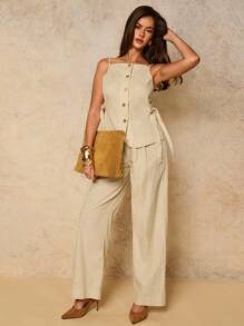 COSMINA Bộ 2 món/Bộ đồ cotton thường ngày mùa hè phong cách Old Money màu trơn, áo hai dây cài nút gỗ và quần dài, Bộ đồ mặc nhà cho nữ, Trang phục mùa thu, Trang phục công sở, Trang phục giáo viên cho nữ - Màu be - Xem 3