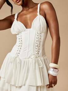 MISSGUIDED Lace Up Corset Mini Dress Waterfall Ruffle Hem Chiffon Layered Wedding Guest Reception Summer Spring Elegant Bridal Shower Party - White - View 6