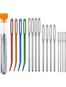 17pcs/Set Stainless Steel Tapestry Needles(12pcs)+Colored Bent Crochet Hooks (4pcs) With 1 Storage Box ForSewing, Crocheting, DIY Knitting (All Styles & ColorsRandom) - Multicolor - View 1