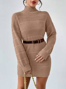 Islaluna Solid Color Turtleneck Textured Knit Long Sleeve Sweater Dress Fall Winter Cloth For Women