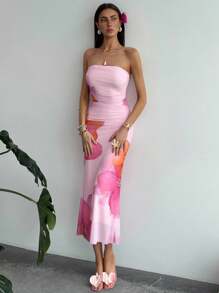 Aloruh 女士花卉印花百褶修身连衣裙，适合度假穿着 - 彩色 - 查看 7