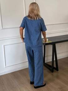 DAZY 2pcs/Set Plaid Cartoon Embroidered Loose Short Sleeve Top & Pants Ladies Pajama Set - Navy Blue - View 2