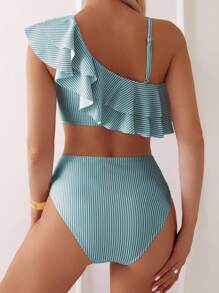 SHEIN Swim Printed Random Stripe Patchwork Ruffle Trim Asymmetrical Neck Crop Top And High Waist Bikini Set For Summer Beach Vacation - Multicolor - View 2