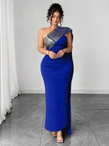 Elenzga 大码中东风格修身长款露背连衣裙 - 寶藍色 - 查看 4