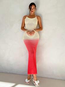 Aloruh Women's Ombre Color Fishtail Hem Fitted Maxi Halter Dress - Multicolor - View 4