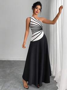 INAWLY Women's Extra Long Loose Dress, Asymmetric Shoulder, Minimalist & Fashionable Style - Black and White - View 5