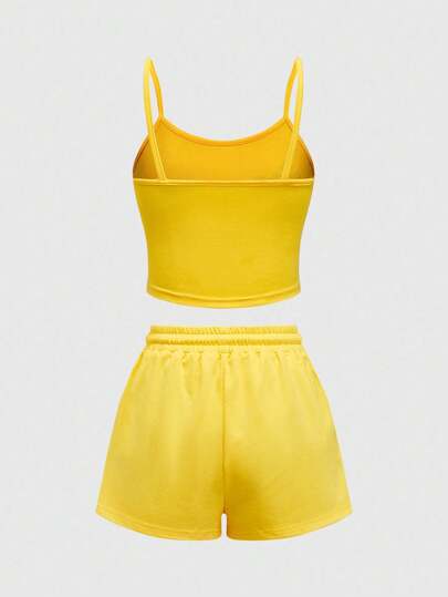 Goth 2pcs Women's All-Match Versatile Knit Elastic Cross Rhinestones Camisole And Shorts Set