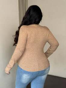 Flirla Plus Size Women V-Neck Gathered Waist Cinched Waist Khaki Bodycon T-Shirt With Asymmetric Hem, Fall Top, Autumn/Winter