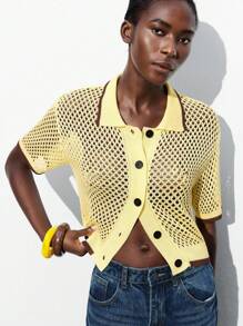 Maija Áo khoác cardigan len cổ tròn dáng rộng trễ vai mùa thu 2025, áo khoác ngoài công sở khoét lỗ phong cách du lịch cho nữ, đồ đi biển - Màu vàng - Xem 6