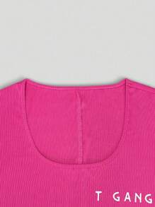 SHEIN Women's Solid Color Minimalist Daily Short Sleeve Jumpsuit - Hot Pink - View 5