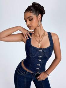 Jeanoix 大码女装夏季新款U领高腰牛仔背心夹克 - 藍色 - 查看 7