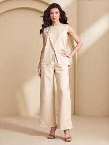 Almamuse 2pcs Women Elegant Casual Solid Color Tank Top And Pants Sets - Apricot - View 4