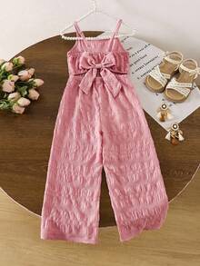 全新少女夏季甜美海滨度假粉色舒适露背蝴蝶结装饰连体裤 - 粉色 - 查看 1