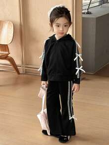 SHEIN 2pcs Young Girl Set: Hooded Sweatshirt With Ribbon & Bow Detail, And Sport Pants, Casual Cute Korean Style Young Girl Girls' Round Neck Knitted Sweaters Set, Fall Back To School Clothes Fall Clothes For Kids Winter Clothes - Black - View 7