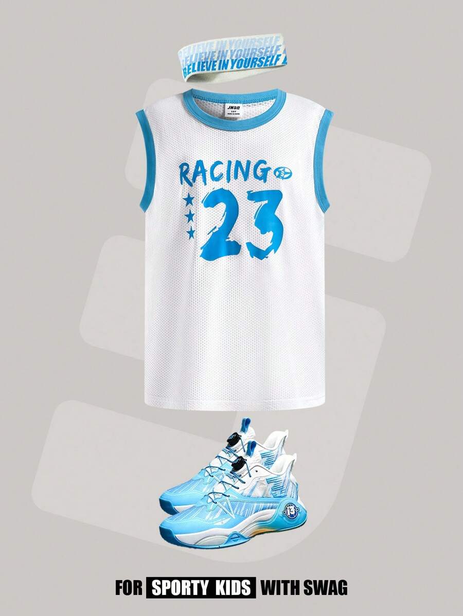 JNSQ Tween Boy Back To School Outdoor Sports Loose Fit Vest, Children's Round Neck Contrast Color Splicing Front Graphic Print Outdoor Sports Loose Fit Vest Top