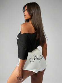 Missguided x Playboy 露肩文字标志短款上衣女式长袖时尚镂空设计时尚休闲春夏秋季街头服饰 - 黑與白 - 查看 2