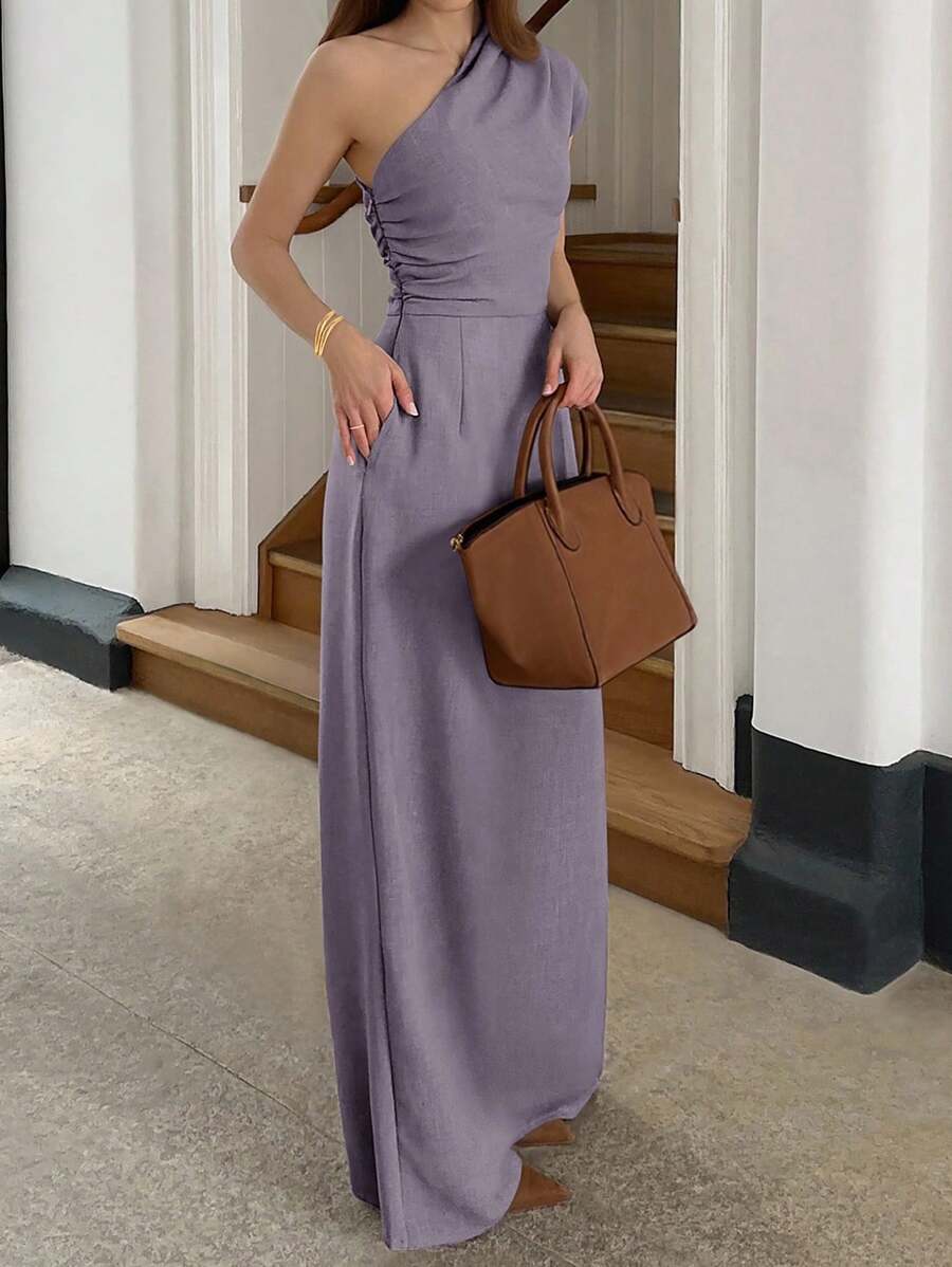 INAWLY Đầm dài thanh lịch xếp nếp màu trơn cho nữ với thiết kế một bên vai - Màu tím - Xem 1