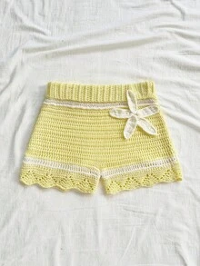 Soleia Quần short thường ngày dệt kim họa tiết hoa 3D dành cho nữ, màu be, mùa hè, ngày lễ - Màu Mù tạt vàng - Xem 5