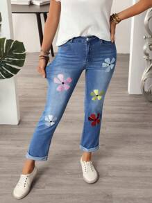 EMERY ROSE Women Floral Embroidered Patch Skinny Casual Versatile Jeans