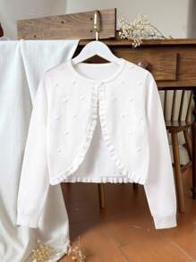 SHEIN Vintaside Kids Tween Girl Frill Trim Open Front Cute Cardigan With Long Sleeves - White - View 11