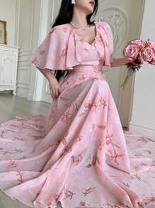 Modelyn Women's V-Neck Cape Design Floral Print Chiffon Waist Flared Dress - Pink - View 6