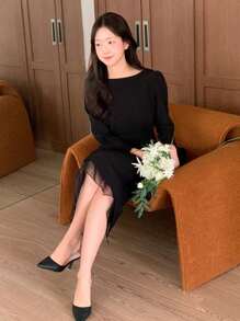 DAZY Women Elegant Contrast Mesh Mid-Length Dress,Fall Dress Long Sleeve Dress - Black - View 4