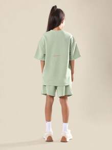 SUMWON 夏季舒适超大童女童短袖上衣和下装宽松休闲街头服饰 - 綠色 - 查看 2