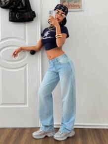 EURMUSE 休闲水洗低腰直筒牛仔裤 - 中等水洗藍 - 查看 6