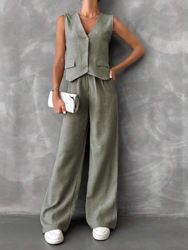 SHEIN Conjunto De Chaleco Y Pantalones Largos De Color Sólido