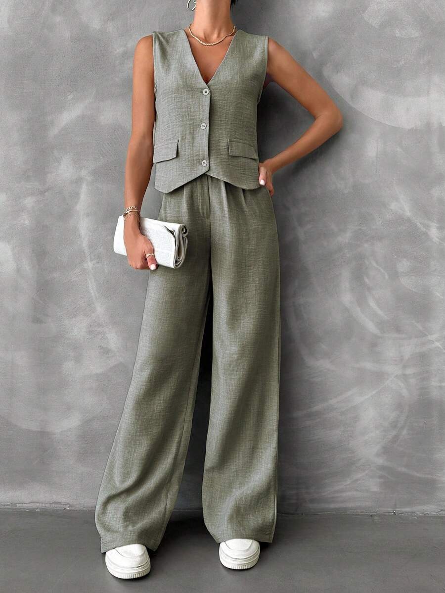SHEIN Conjunto De Chaleco Y Pantalones Largos De Color Sólido - Verde Oliva - Ver 1