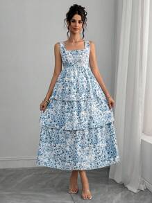 SHEIN Women's Elegant Floral Print Casual Sleeveless Maternity Dress - Blue and White - View 3