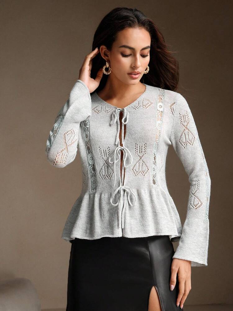 Women's Autumn/Winter Cardigan, Elegant Sexy Lace Patchwork Bowknot Drawstring A-Line Flare Sleeve Grey Knit Top