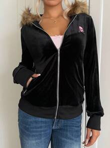 SHEIN EZwear 女士骷髅刺绣仿皮草装饰连帽衫 - 黑色 - 查看 3