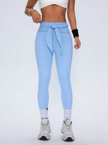 SHEIN Sovereign Charm Women's Versatile Solid Color High Waist Drawstring Sports Leggings - Blue - View 1