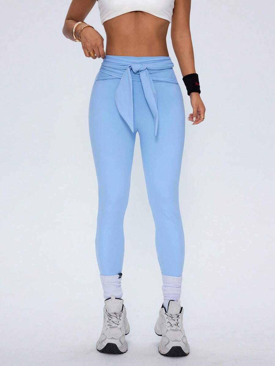 SHEIN Sovereign Charm Women's Versatile Solid Color High Waist Drawstring Sports Leggings - Blue - View 1