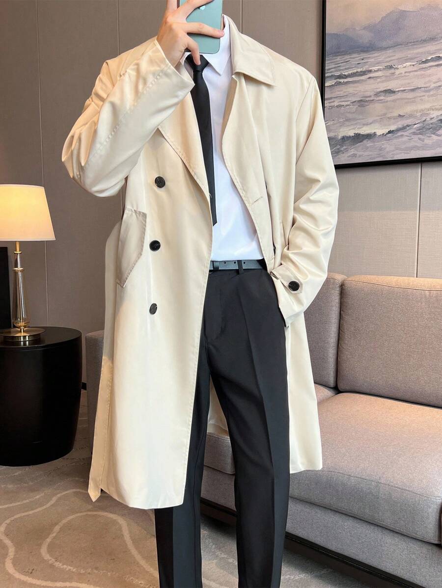 Claim Dot 男士纯色翻领长袖双排扣休闲风衣，米色，送给男友的绝佳礼物，韩版、欧版、复古风，秋季必备。 - 杏色 - 查看 1