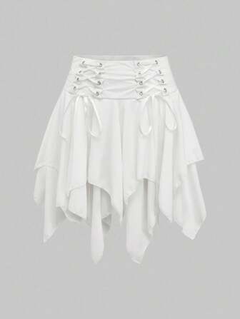 Goth Punk Resort Wedding Chic Cute Asymmetrical Hem Eyelet Bow Accent Women Skirt